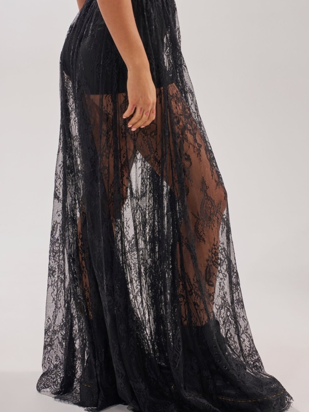 Sheer Lace Overlay Maxi Skirt - Black
